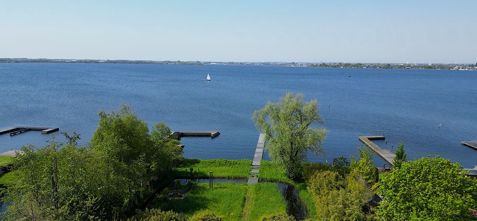una casa en el lago rodeada por un bosque, en países bajos