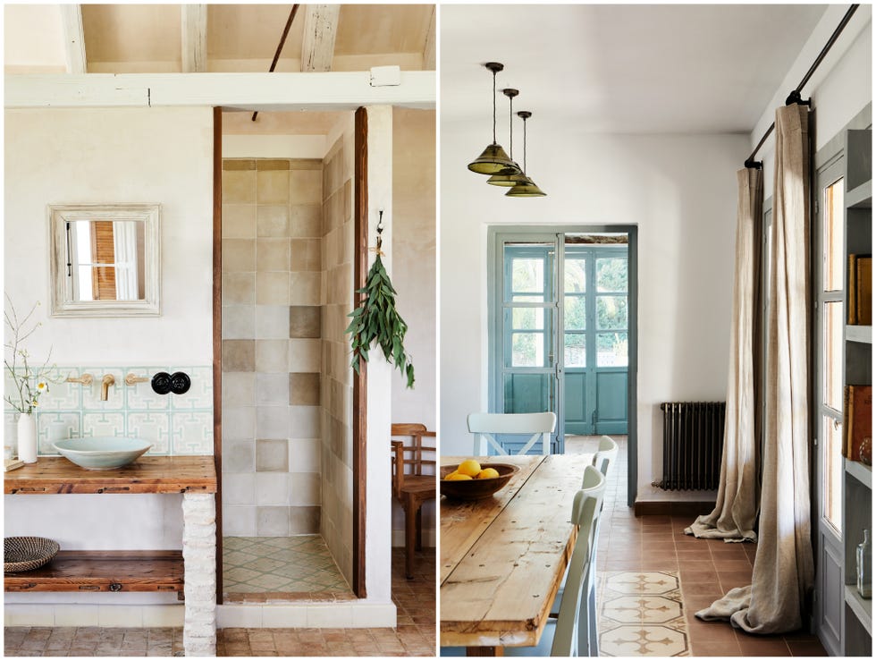 interior view showcasing a bathroom area and a dining space, reclaimed tiles