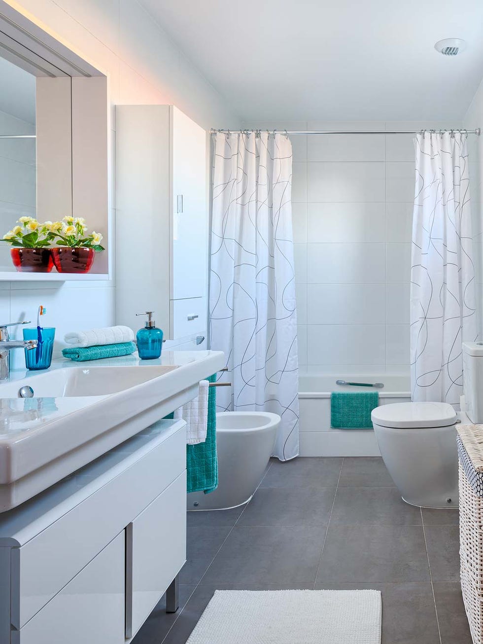 Bathroom, Room, Property, Interior design, Turquoise, Tile, Floor, Plumbing fixture, Building, Bathroom accessory, 