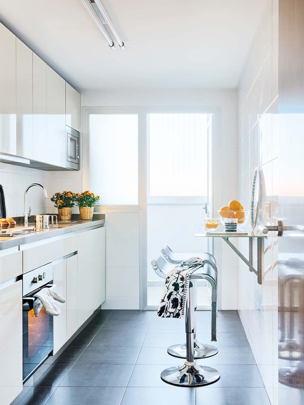 White, Countertop, Room, Kitchen, Furniture, Property, Interior design, Yellow, Floor, Cabinetry, 