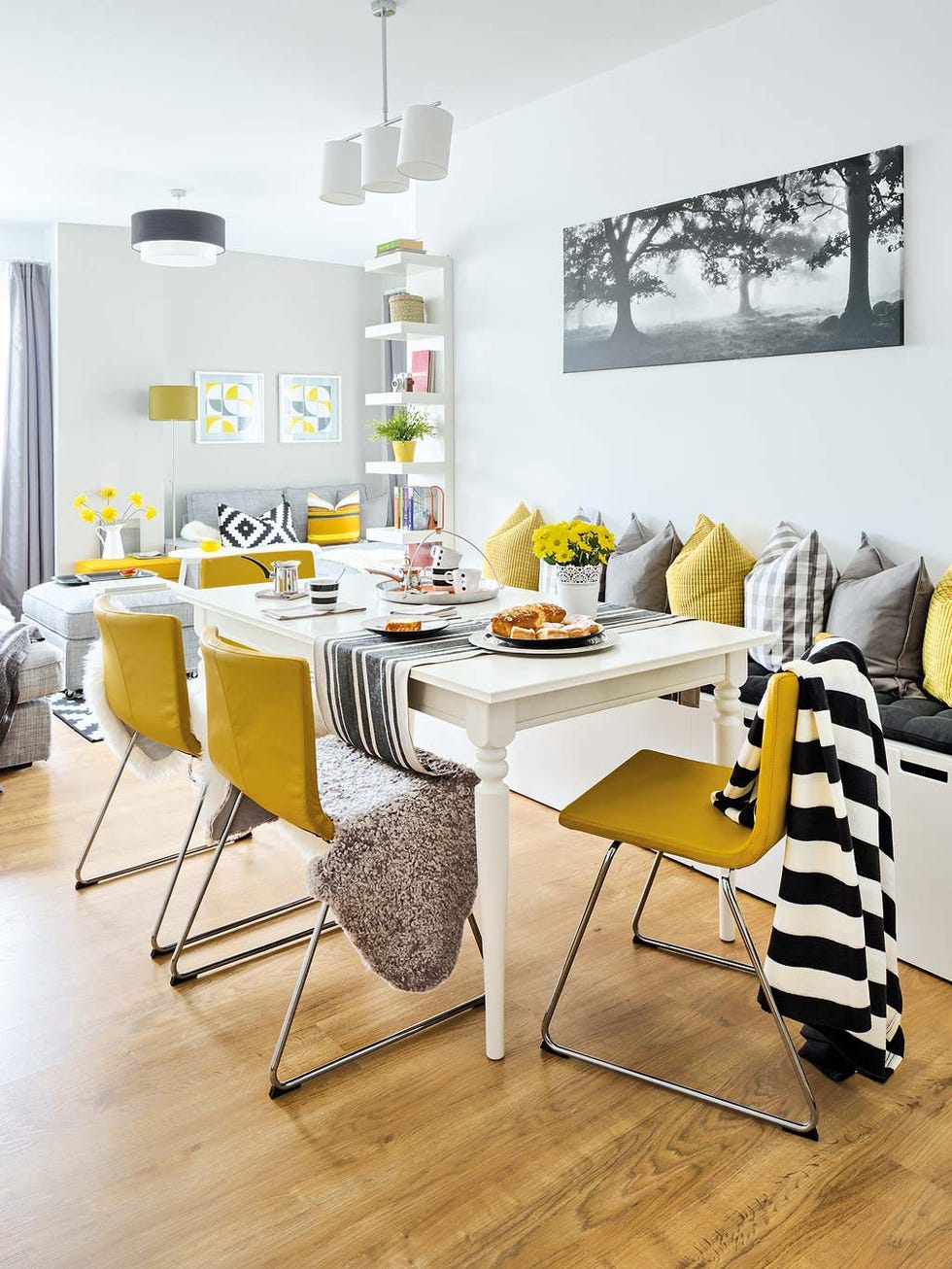 Yellow, Room, Furniture, White, Dining room, Interior design, Table, Green, Property, Home, 