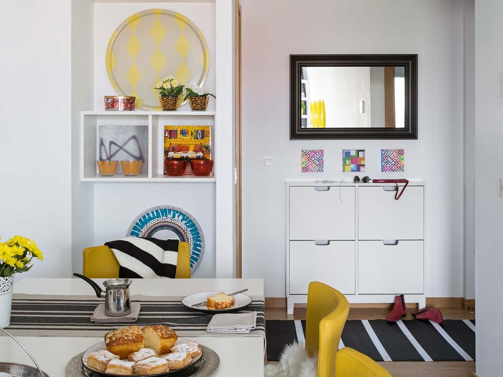 Yellow, Interior design, Room, Finger food, Cuisine, Wall, Dishware, Interior design, Home, Orange, 