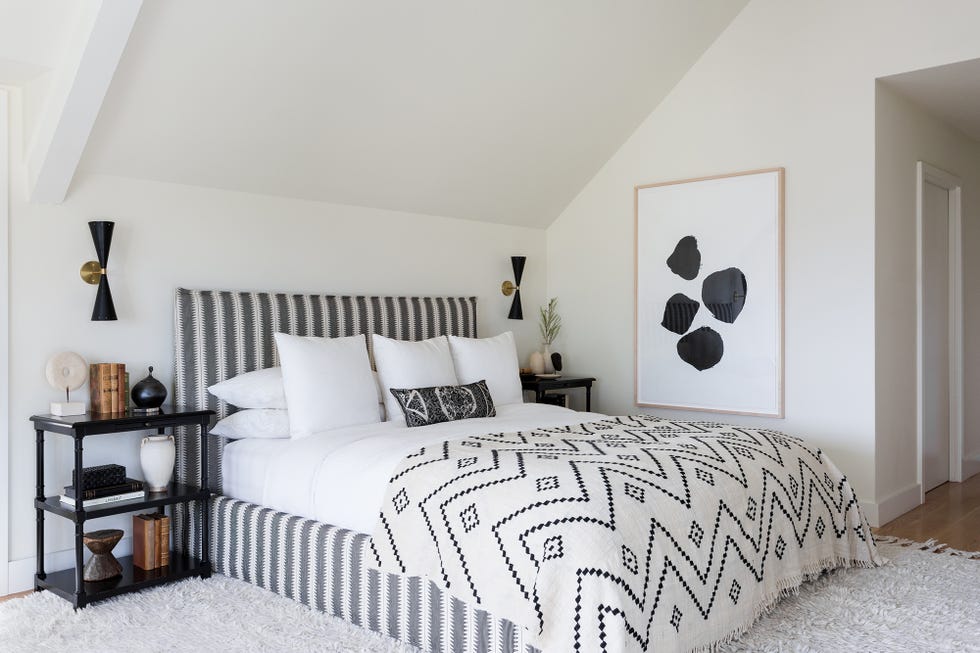 dormitorio de estilo contemporáneo decorado en blanco y negro