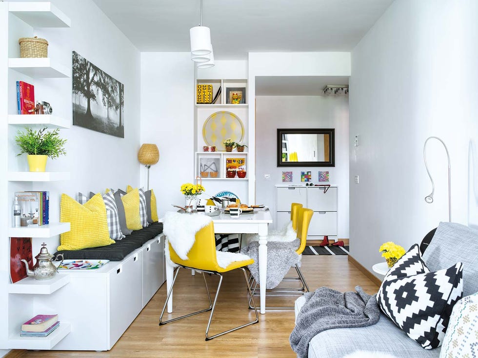 Furniture, Room, Yellow, White, Living room, Interior design, Property, Table, Building, House, 