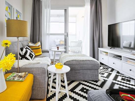 Furniture, Room, Yellow, Interior design, Property, Bedroom, Living room, Building, Black-and-white, Curtain, 