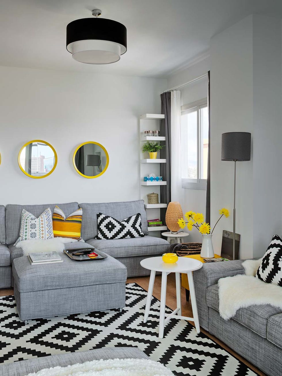 Living room, Room, Furniture, Interior design, Yellow, Property, Table, Coffee table, Couch, Wall, 