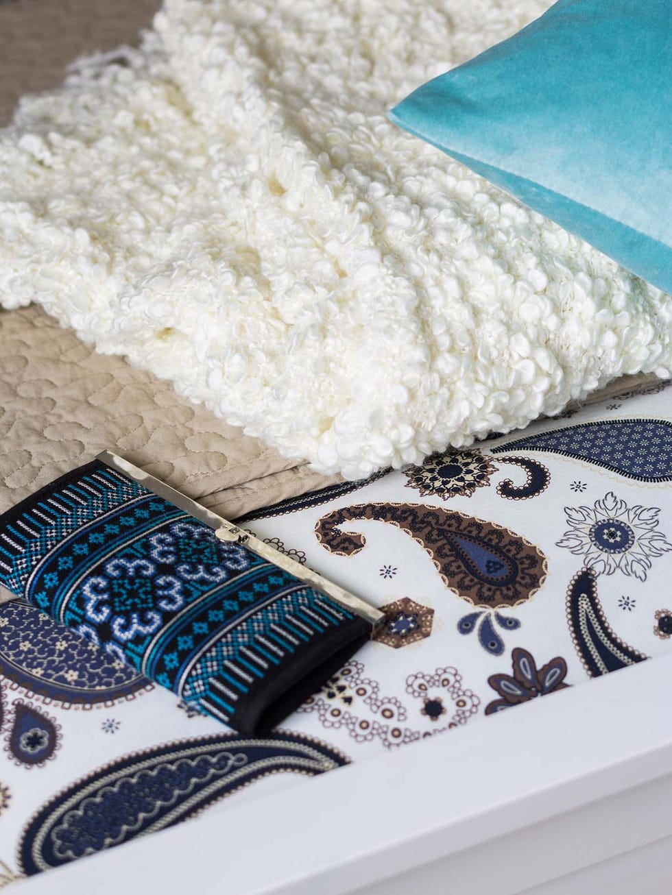 Blue, Turquoise, Wool, Pattern, Design, Textile, Room, Visual arts, Linens, Motif, 
