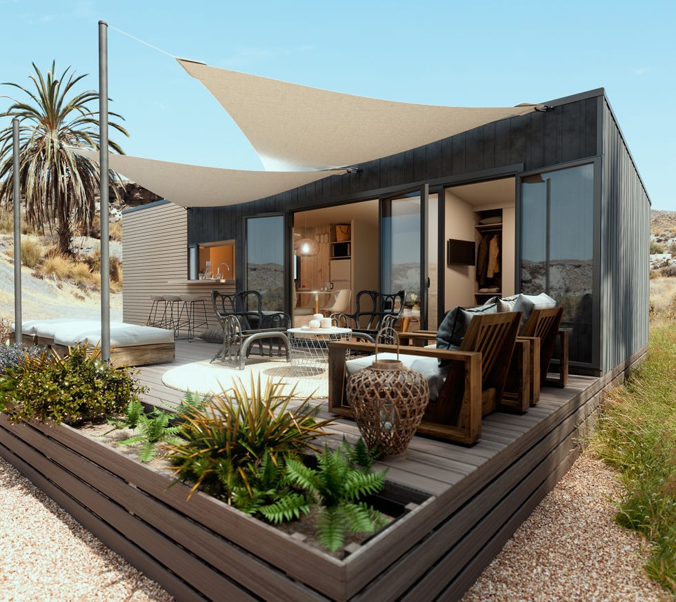Casa modular con terraza y zona de asientos exterior