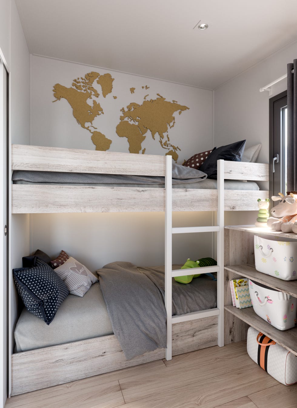 Dormitorio con literas de madera y un mapamundi en la pared