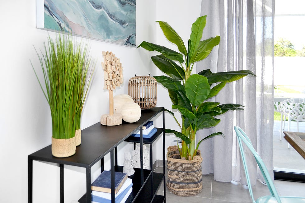 Estantería decorada con plantas y fibras naturales