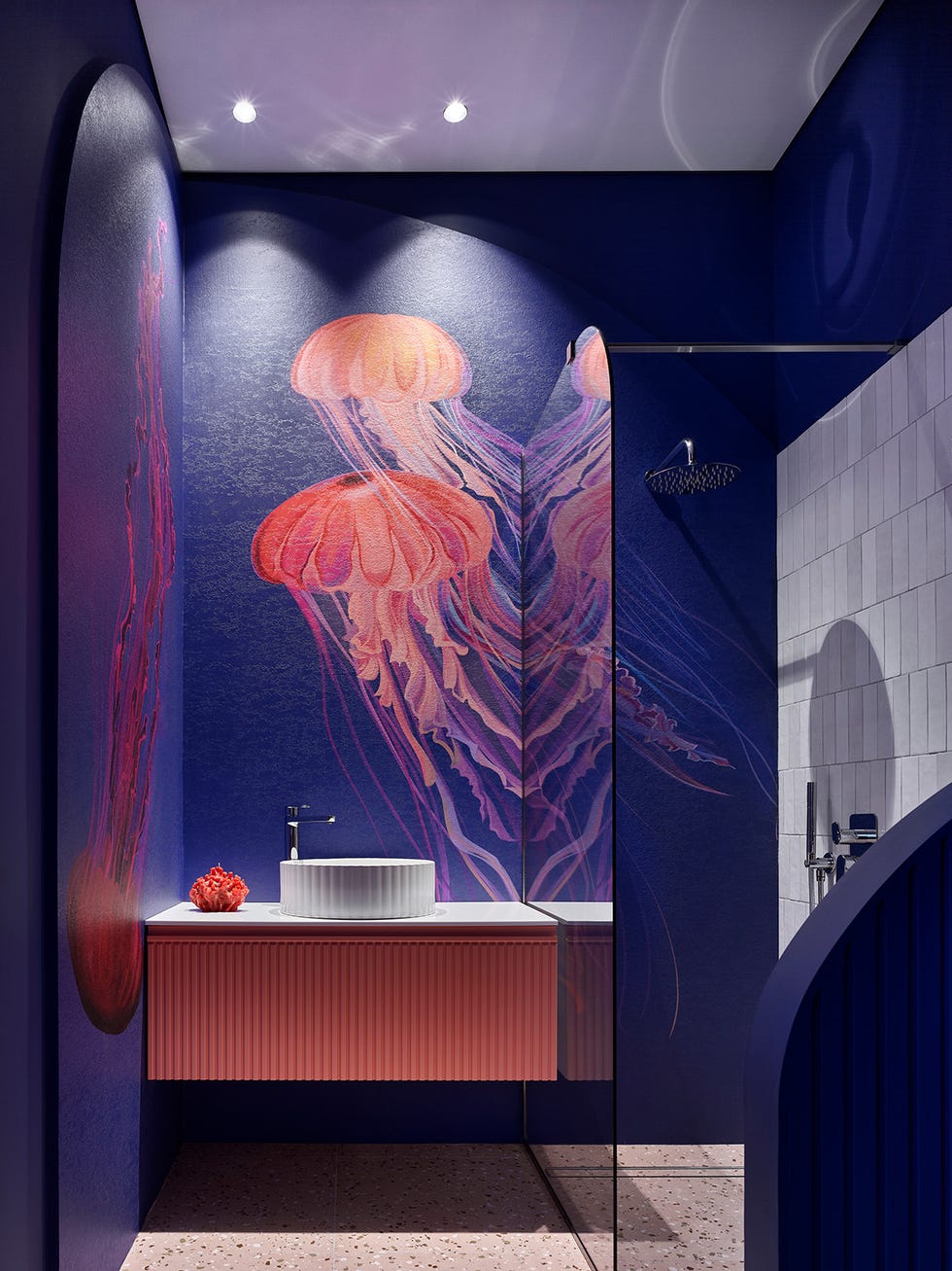 baño con papel pintado de medusas