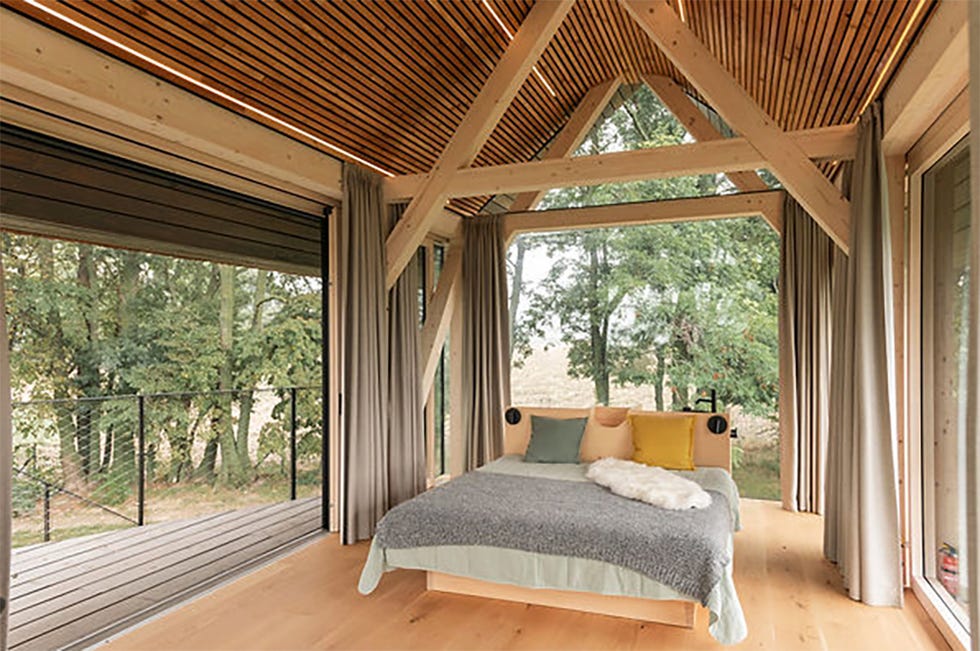 casa zen es una cabaña sostenible con paredes de cristal y chimenea