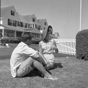 hyannis port, ma june 1953 senator john f kennedy and fiance jacqueline bouvier on vacation at the kennedy compound in june 1953 in hyannis port, massachusetts photo by hy peskingetty images