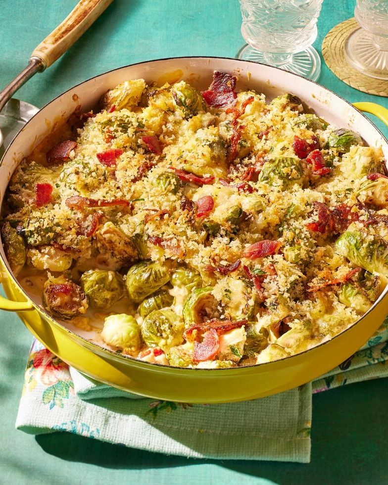 brussels sprout casserole with bacon in round pan