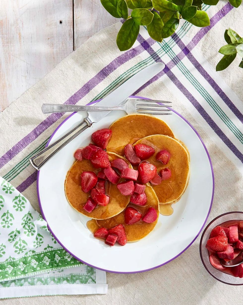 ricotta pancakes with roasted maple rhubarb and strawberries