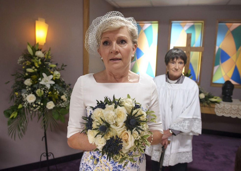 cathy shipton as duffy on her wedding day, casualty