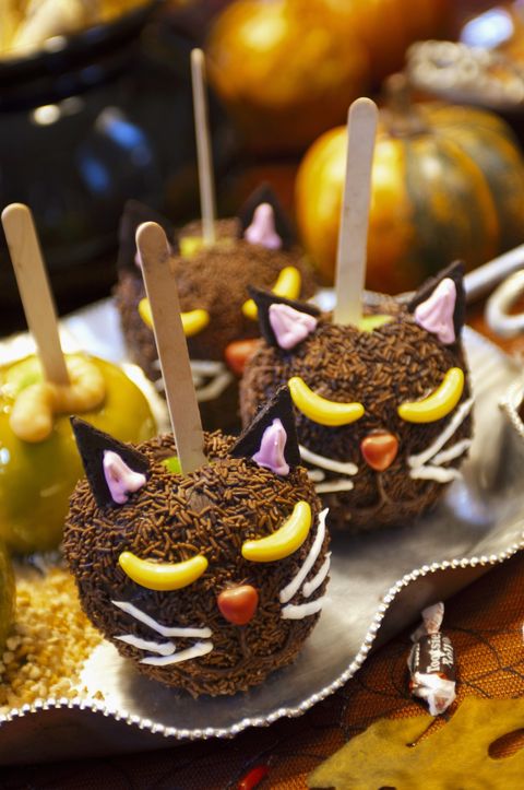 Cat Candied Apples on a Platter for Halloween Treats