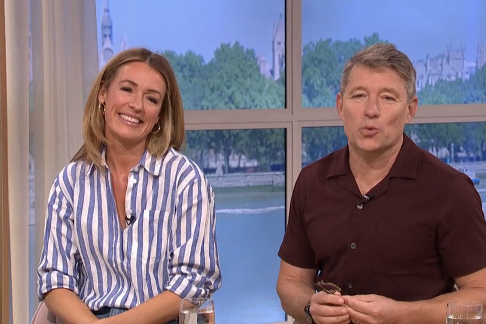cat deeley presenting this morning in a striped shirt