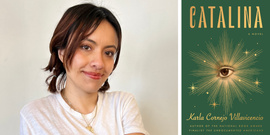 karla cornejo villavicencio smiles at the camera next to an image of the cover of catalina