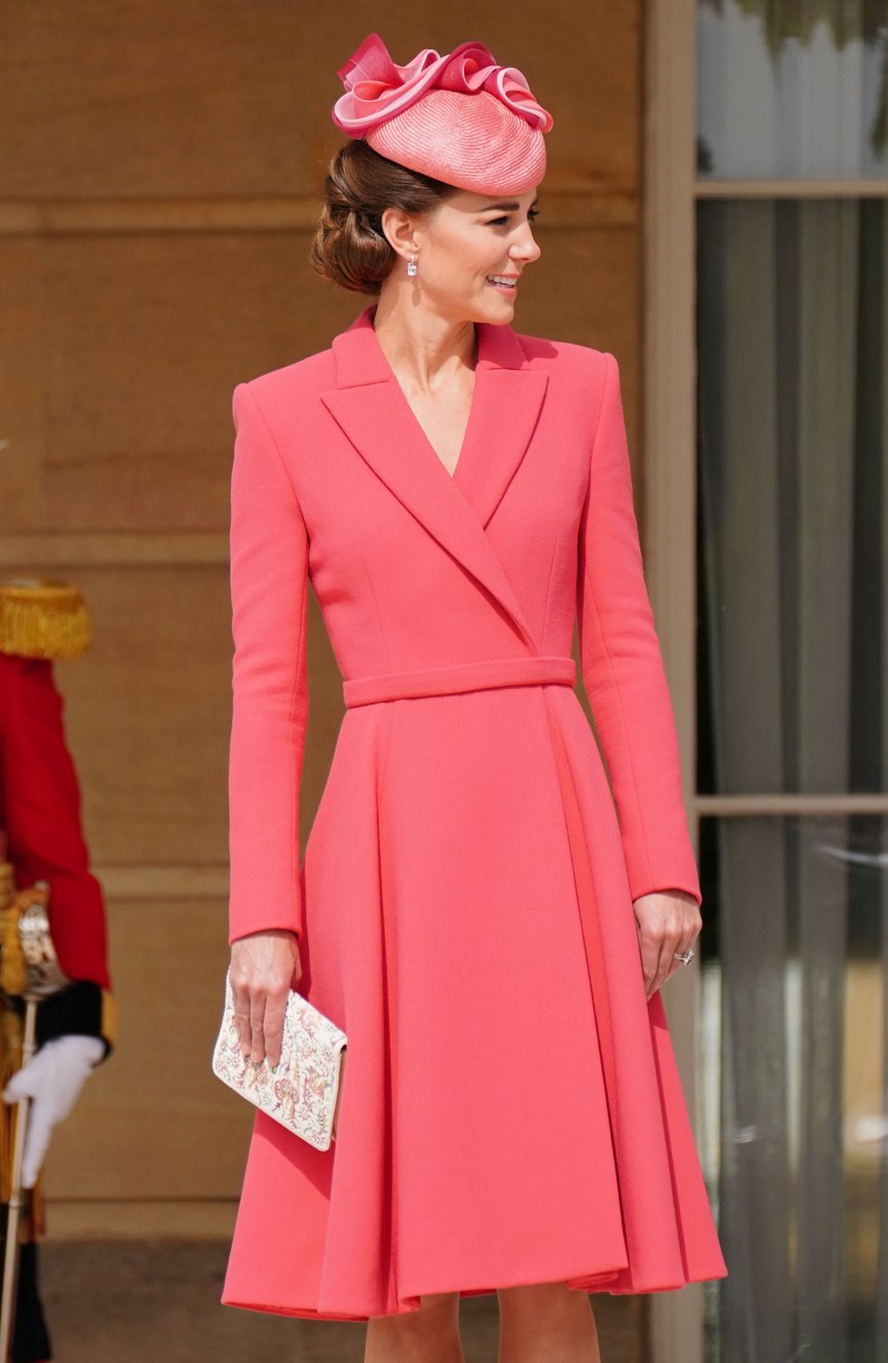 Kate Middleton Wears Coral Coat Dress and Fascinator for Garden Party