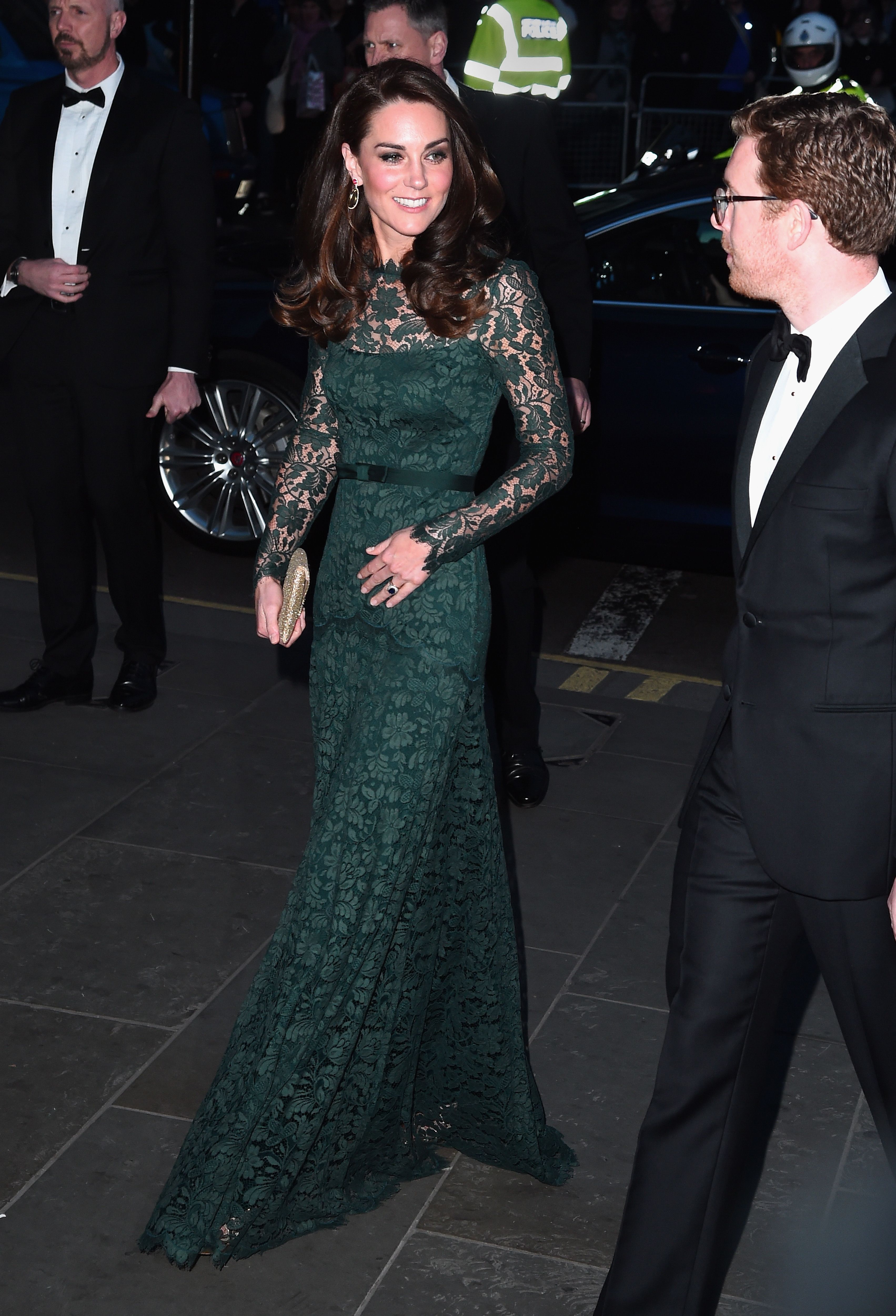 The Duchess of Cambridge looked stunning in a beige thigh-high slit gown on  her way to a dinner with Prince William