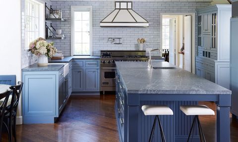 blue and white kitchen with classic design 