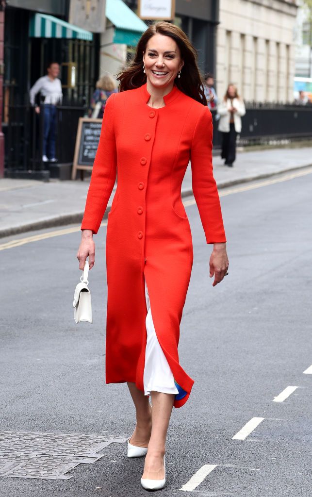 Princess Diana, on Walkabout During Visit Wearing Red Suit and Red