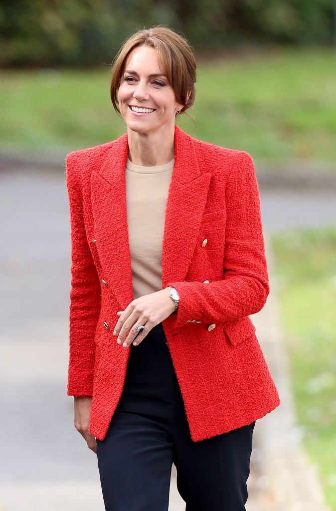 Kate Middleton wears red suit by Alexander McQueen for Shaping Us launch