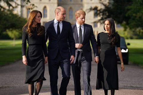the prince and princess of wales joined by the duke and duchess of sussex greet well-wishers outside windsor castle