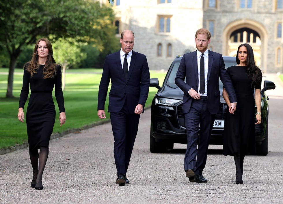 The Prince and Princess of Wales Accompanied By The Duke And Duchess Of Sussex Greet Wellwishers Outside Windsor Castle the prince and princess of wales accompanied by the duke and duchess of sussex greet wellwishers outside windsor castle