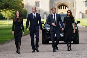 the prince and princess of wales accompanied by the duke and duchess of sussex greet wellwishers outside windsor castle