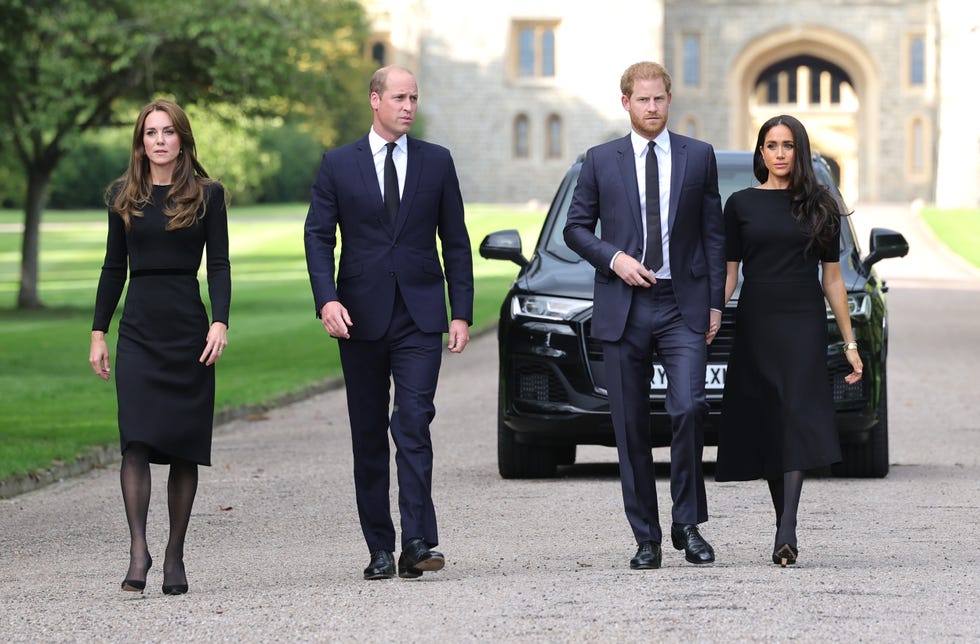 the prince and princess of wales accompanied by the duke and duchess of sussex greet wellwishers outside windsor castle