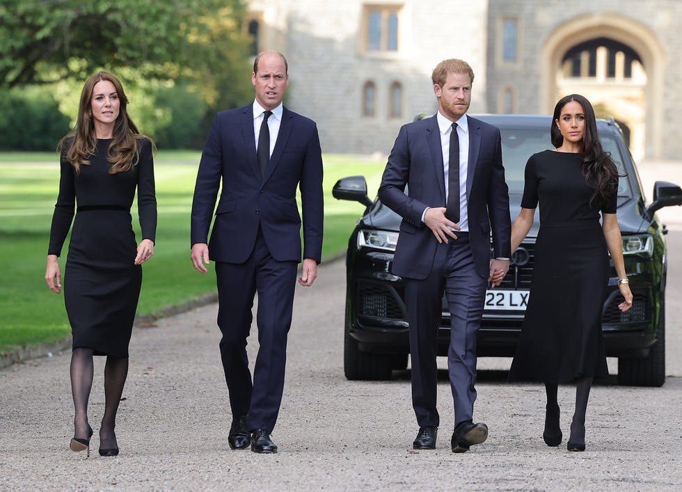 the prince and princess of wales accompanied by the duke and duchess of sussex greet wellwishers outside windsor castle