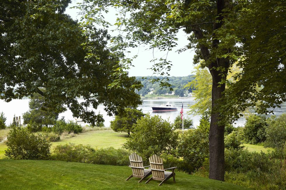 a grassy waterfront with trees and two adirondack chairs there's a boat in the river