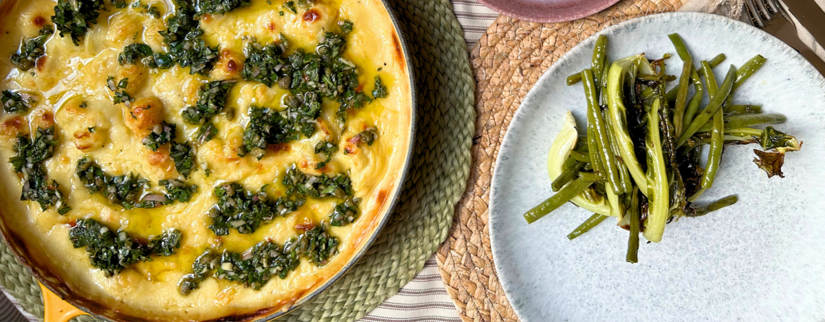 Video player poster image preview for Cauliflower cheese gnocchi bake with salsa verde