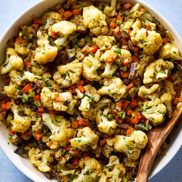 roasted cauliflower with veggies in a dish