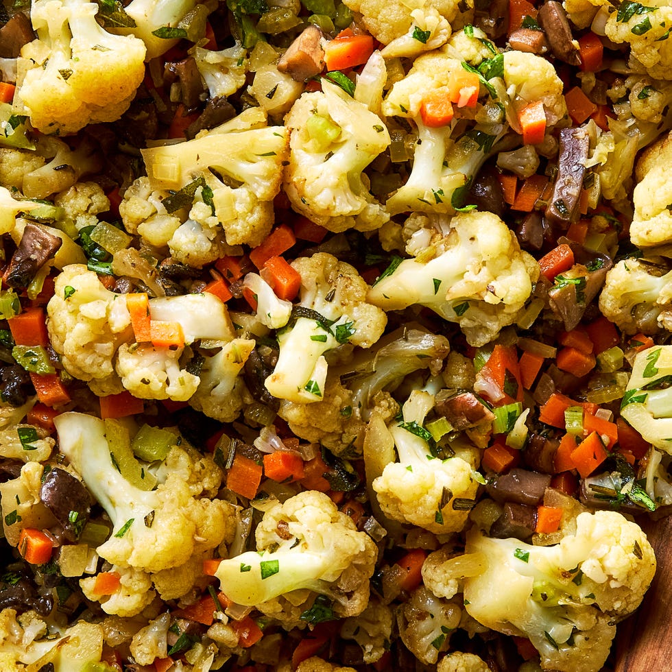 roasted cauliflower with veggies in a dish