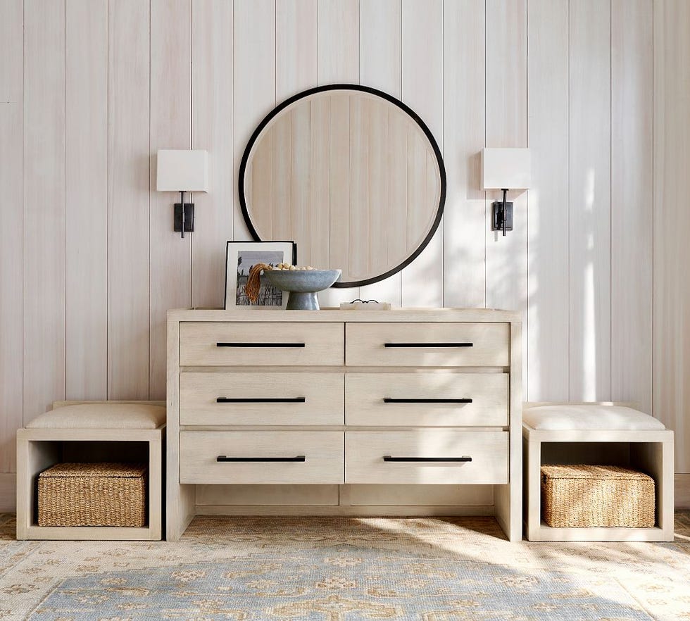 modern dresser setup with mirror and lighting