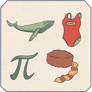 illustration featuring a whale a swimsuit a pi symbol and hat