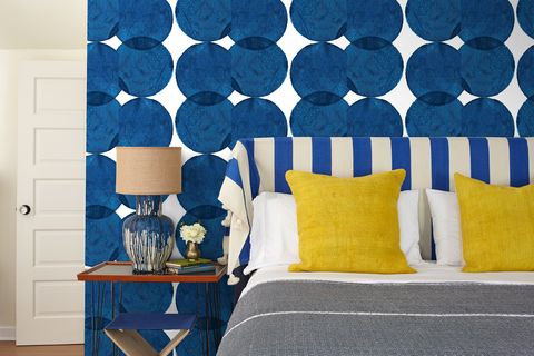 Blue, Room, Cobalt blue, Yellow, Wall, Interior design, Wall sticker, Wallpaper, Furniture, Living room, 