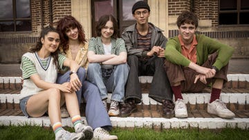 asha banks as cara ward, yali topol margalith as lauren gibson, emma myers as pip fitz amobi, raiko gohara as zach chen, and jude morgan collie as connor reynolds in a good girl's guide to murder