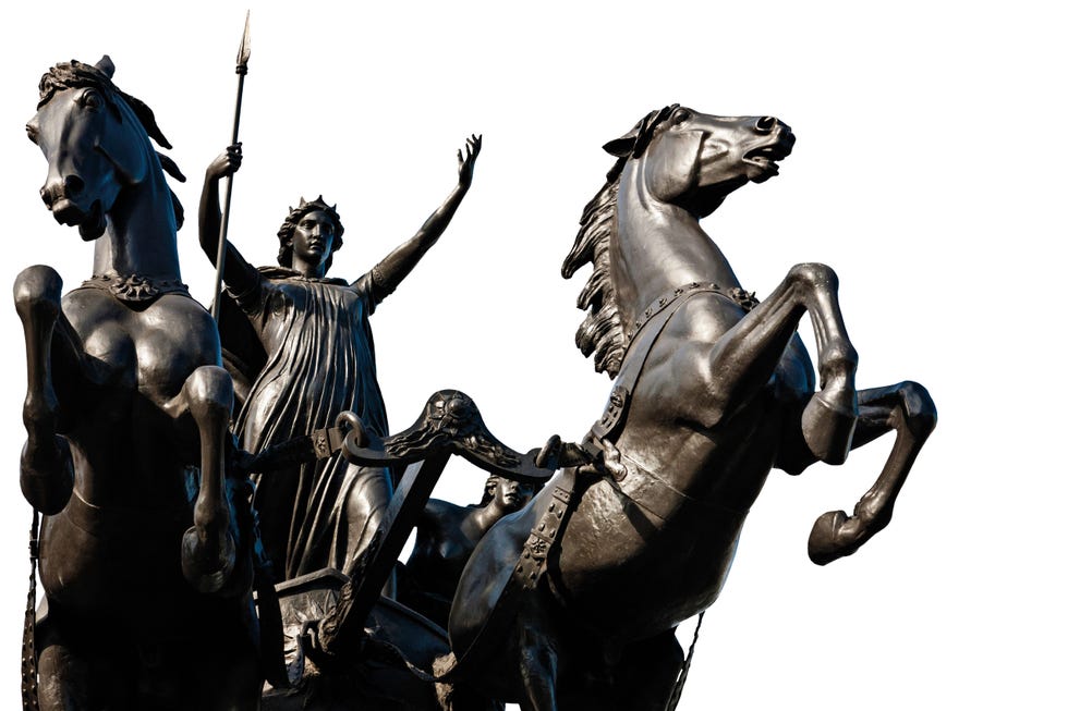 Boudica en haar dochters 19deeeuws beeld door William Hamo Thornycroft vlak bij het Palace of Westminster Londen