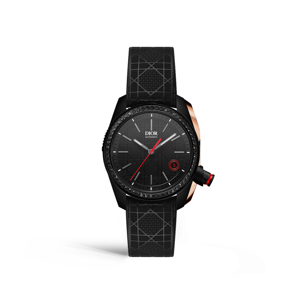 a black watch with red and white text