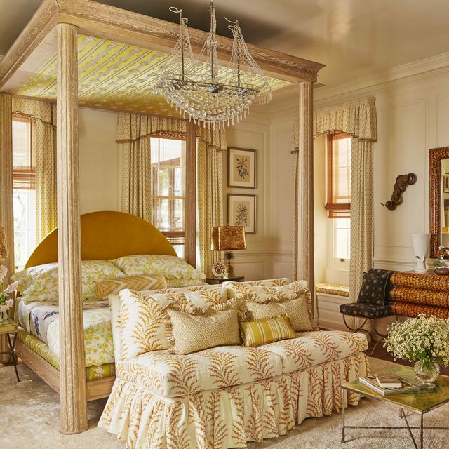 a cream yellow and green bedroom