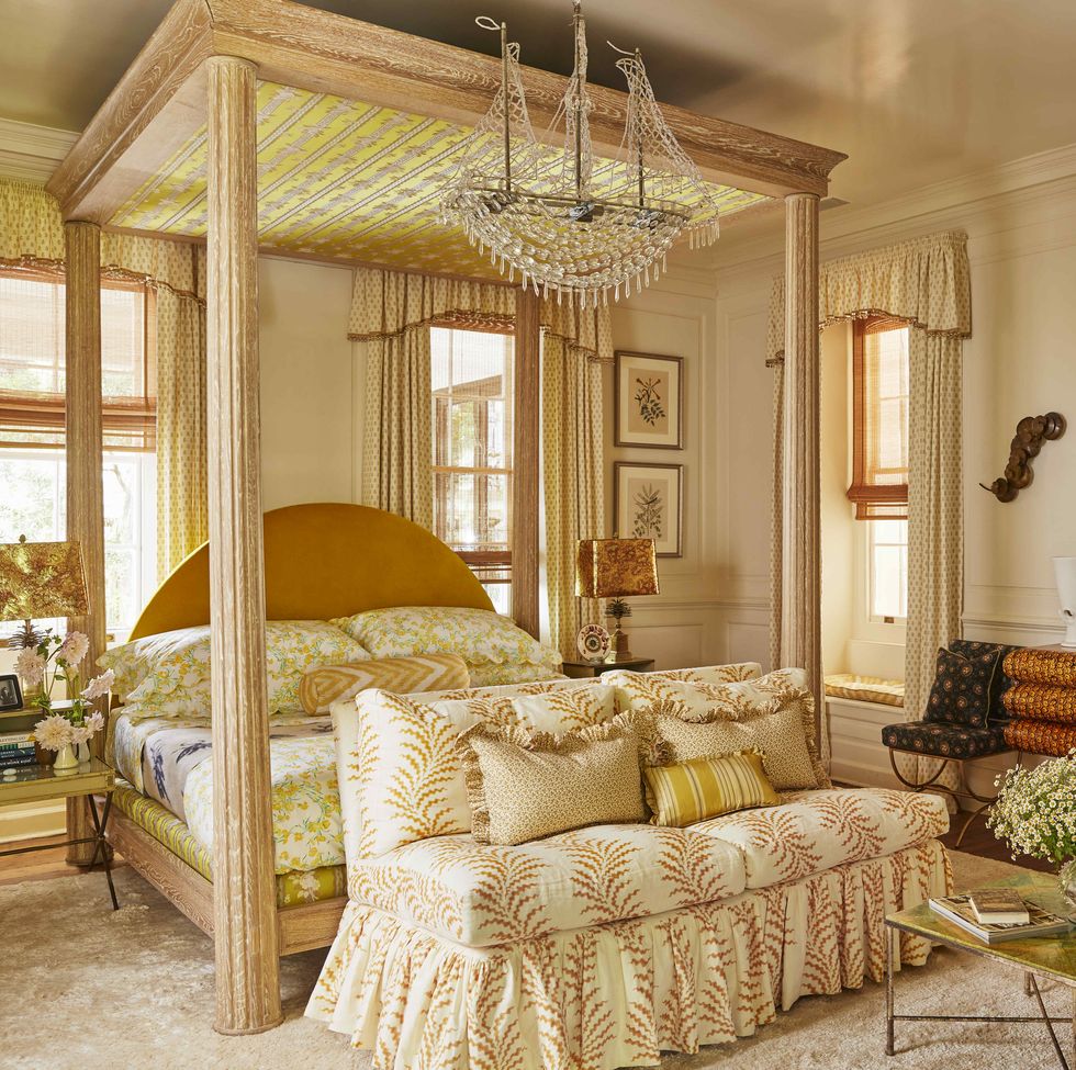 a cream yellow and green bedroom