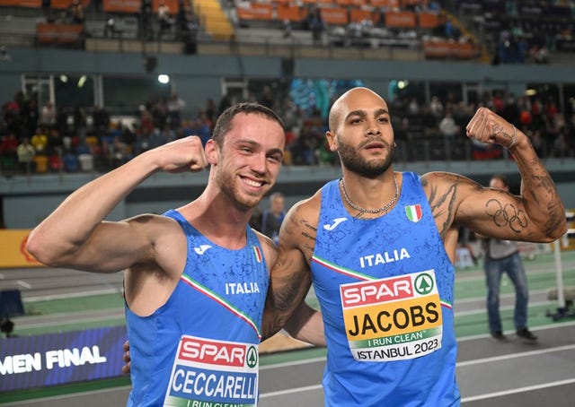 italys samuele ceccarelli l gestures alongside italys lamont marcell jacobs as he celebrates after victory in the finals of the mens 60 metres during the european indoor athletics championships at the atakoy athletics arena in istanbul on march 4, 2023 photo by ozan kose afp photo by ozan koseafp via getty images