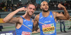 italys samuele ceccarelli l gestures alongside italys lamont marcell jacobs as he celebrates after victory in the finals of the mens 60 metres during the european indoor athletics championships at the atakoy athletics arena in istanbul on march 4, 2023 photo by ozan kose afp photo by ozan koseafp via getty images