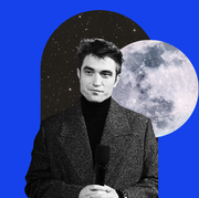 a black and white photo of robert pattinson in front of a full moon on a blue background