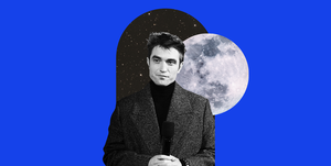 a black and white photo of robert pattinson in front of a full moon on a blue background