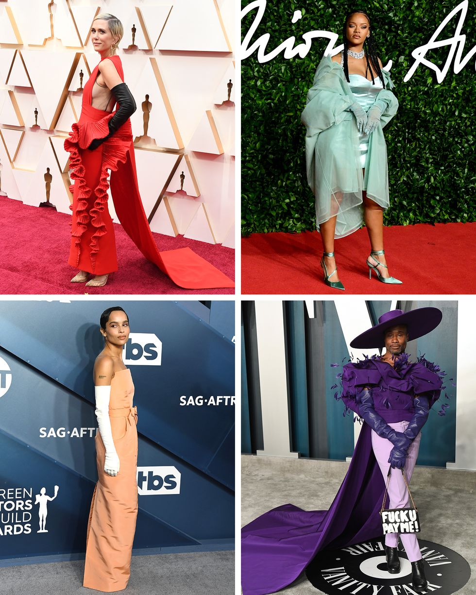 celebrities wearing gloves: Kristen Wiig at the Oscars, Rihanna at the British Fashion Awards, Billy Porter at the Vanity Fair Oscars after-party, and Zoë Kravitz at the SAG Awards.
